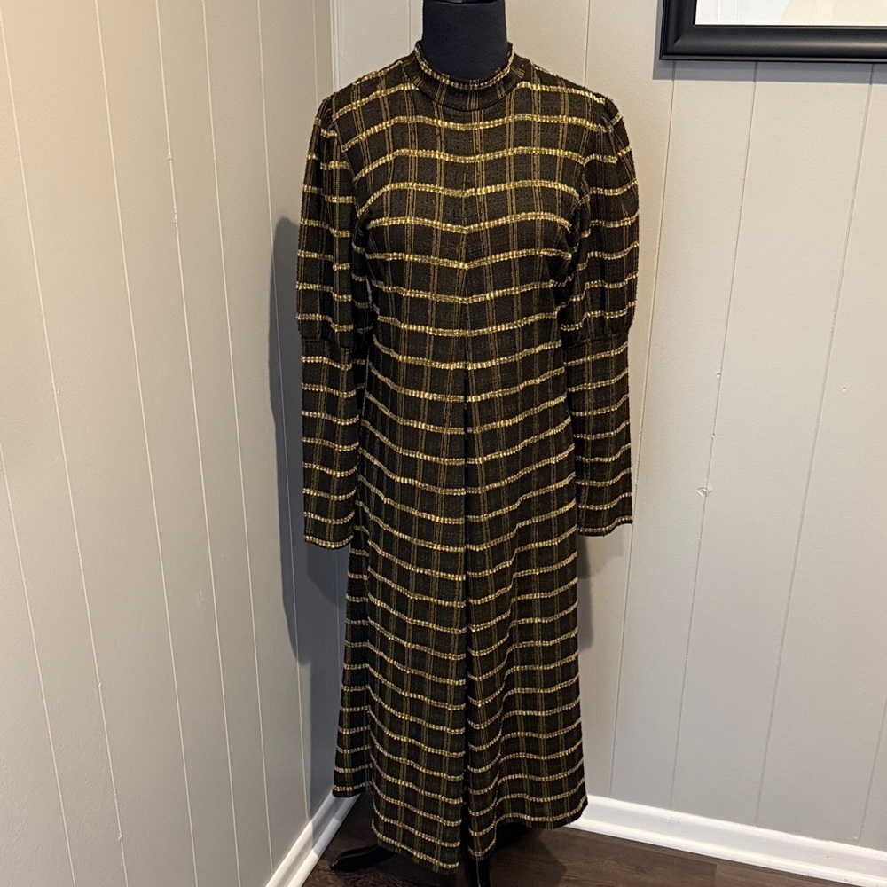 B.Young Preppy Elegant Puff Long Sleeve Plaid Pleated Dress